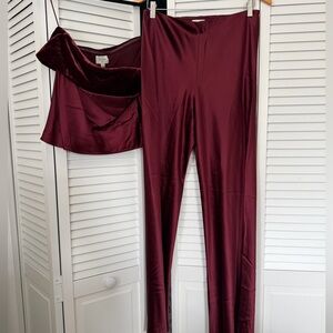 Cami NYC Wine Satin Pants with Velvet-Trim Cowl Top